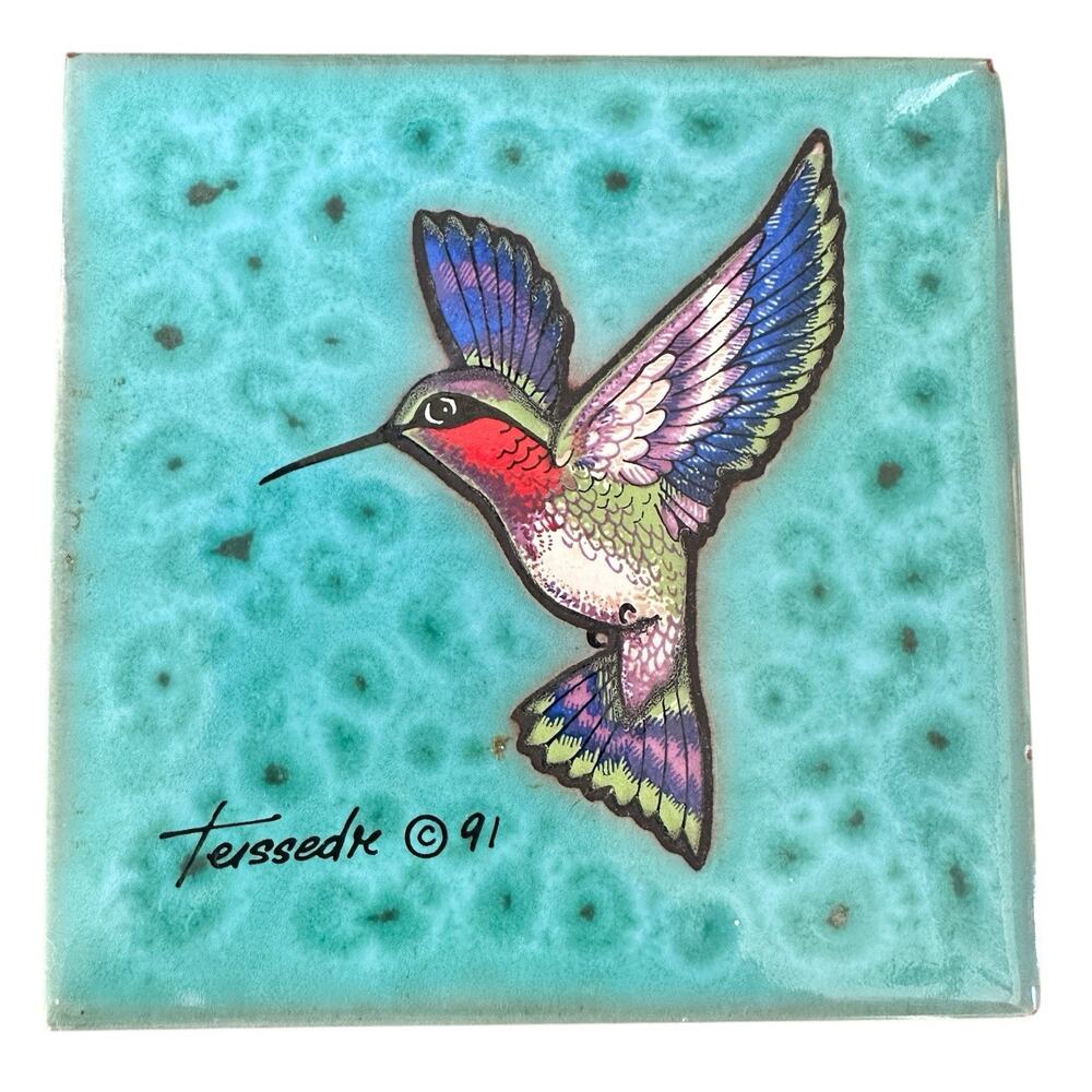 Cleo Tess Sedre Signed 1991 Hummingbird Art Tile Studio Pottery Decor USA Boho